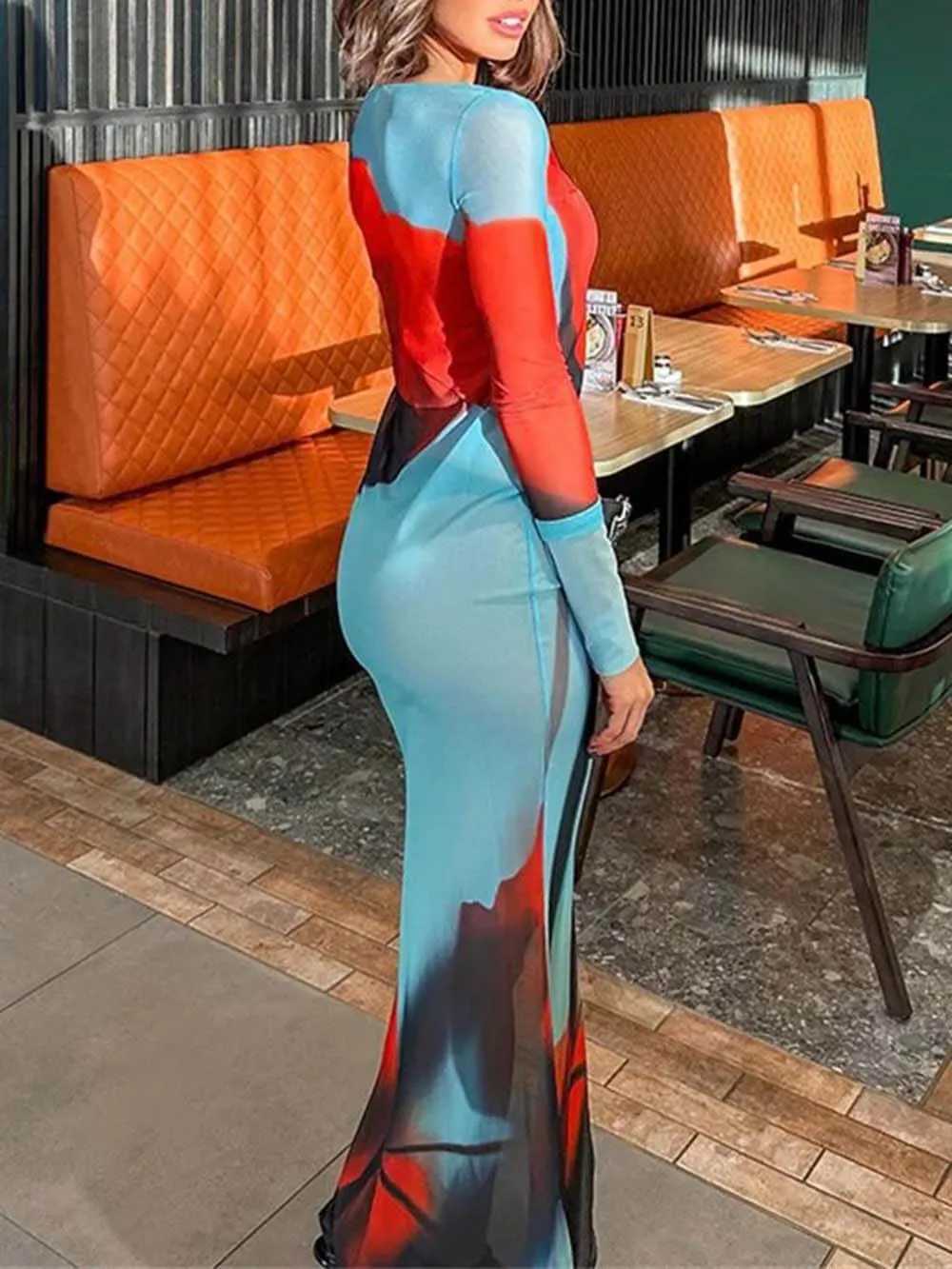 Mesh Floral Print Round Neck Long Sleeve Stretch Maxi Dress sold by Like My Choice product image thumbnail 5