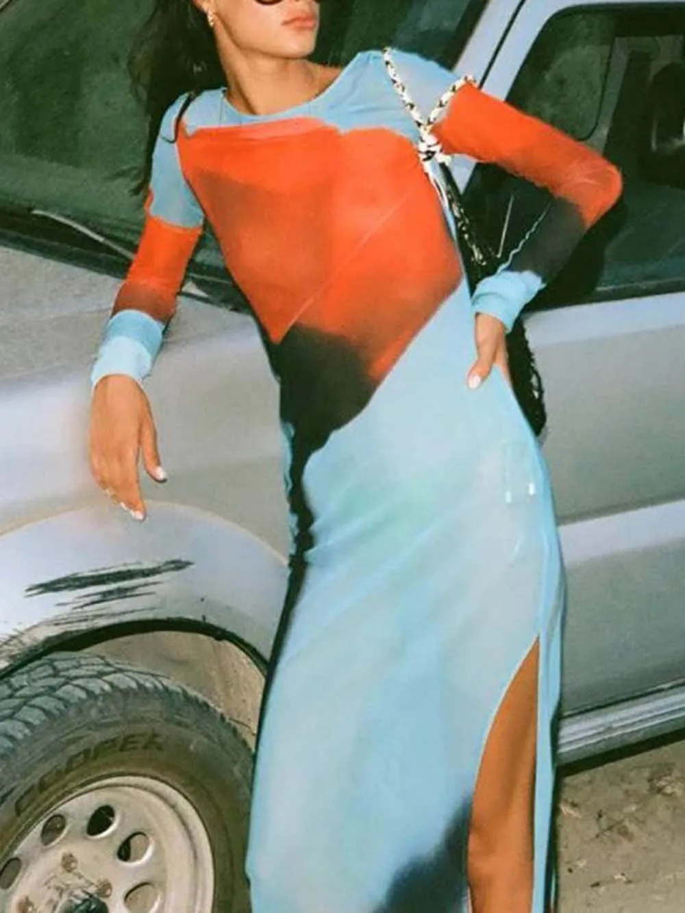 Mesh Floral Print Round Neck Long Sleeve Stretch Maxi Dress sold by Like My Choice product image thumbnail 3