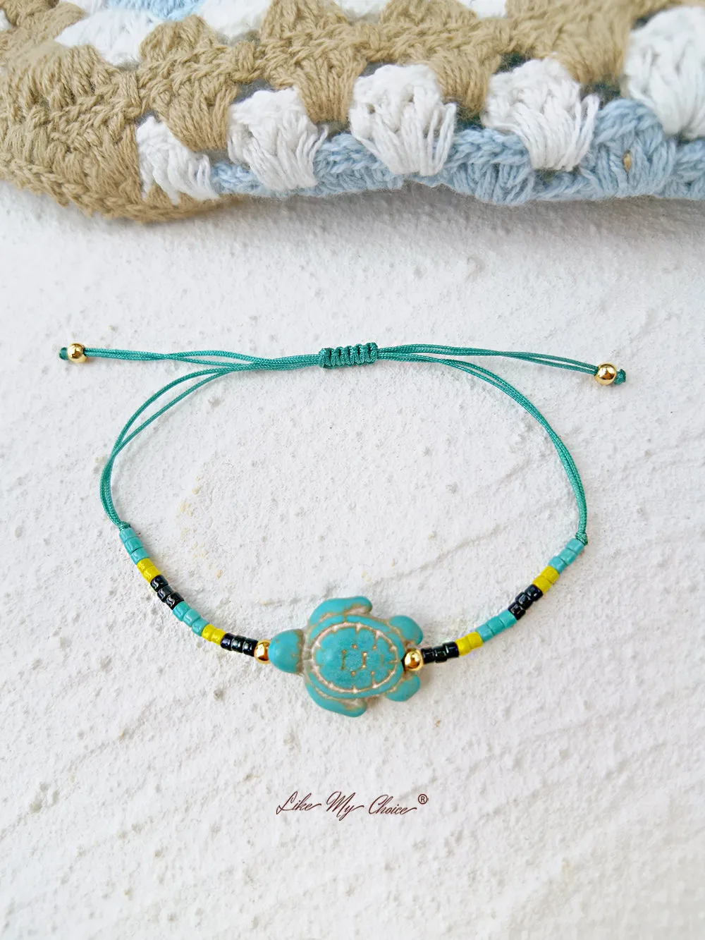 Adjustable Drawstring Beaded Bracelet Turquoise Green Blue Turtle sold by Like My Choice