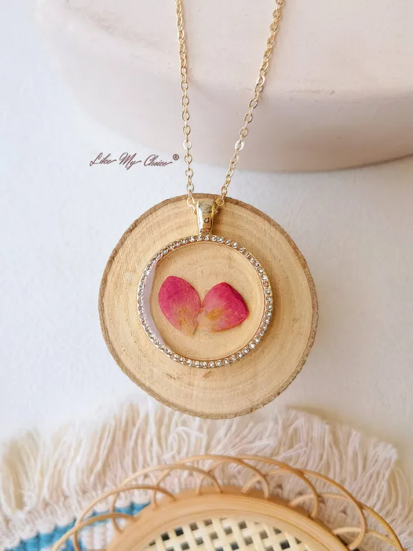 Rose Flower Resin Round Crystal Pendant Necklace sold by Like My Choice