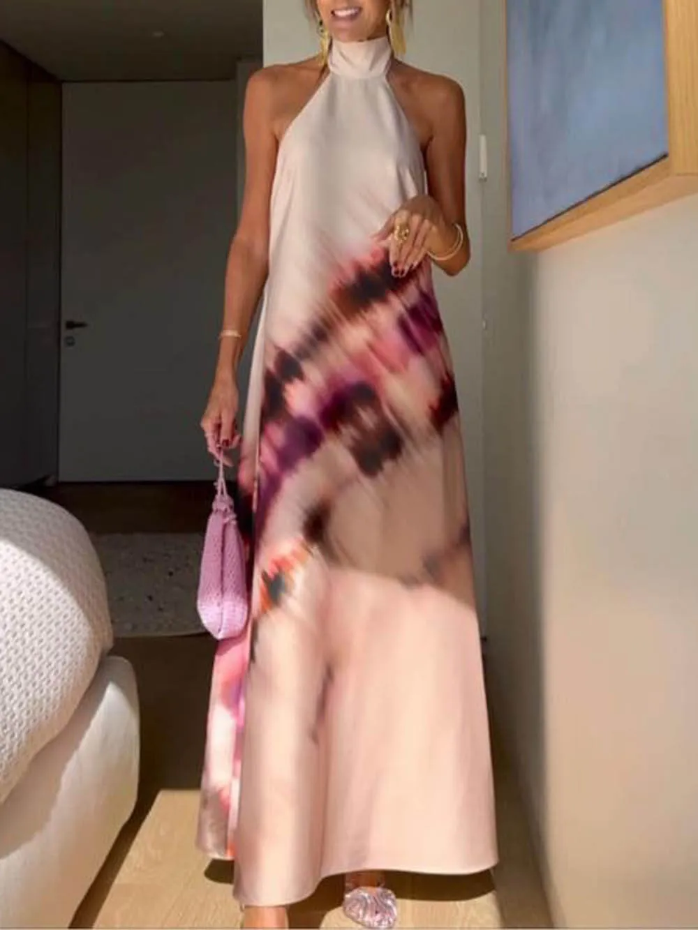 Unique Tie-Dye Printed Halterneck Lace Up Backless Maxi Dress sold by Like My Choice