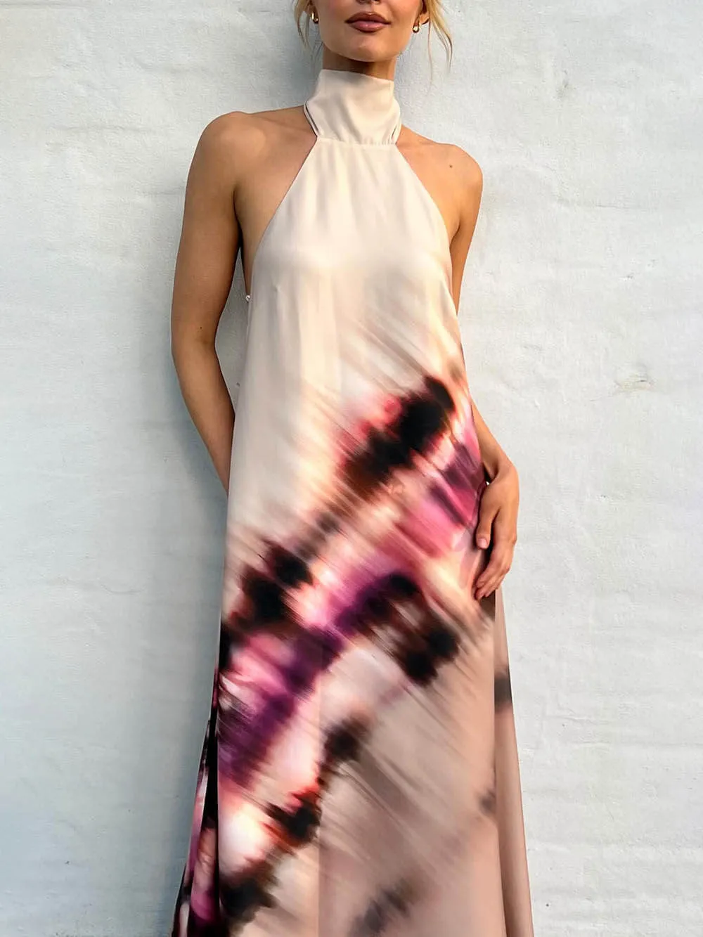 Unique Tie-Dye Printed Halterneck Lace Up Backless Maxi Dress sold by Like My Choice product image thumbnail 2