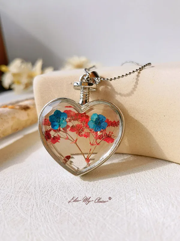 Flat Purple Red Flower Forget-Me-Not Crystal Glass Heart Necklace sold by Like My Choice
