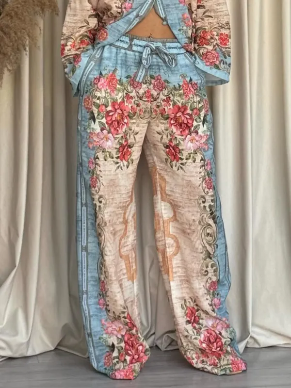 Unique Retro Palace Floral Print Side Pocket Wide-Leg Pants sold by Like My Choice