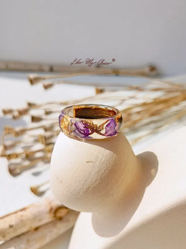Handmade Dried Flower Inlaid Resin Ring-Gold Foil Purple sold by Like My Choice