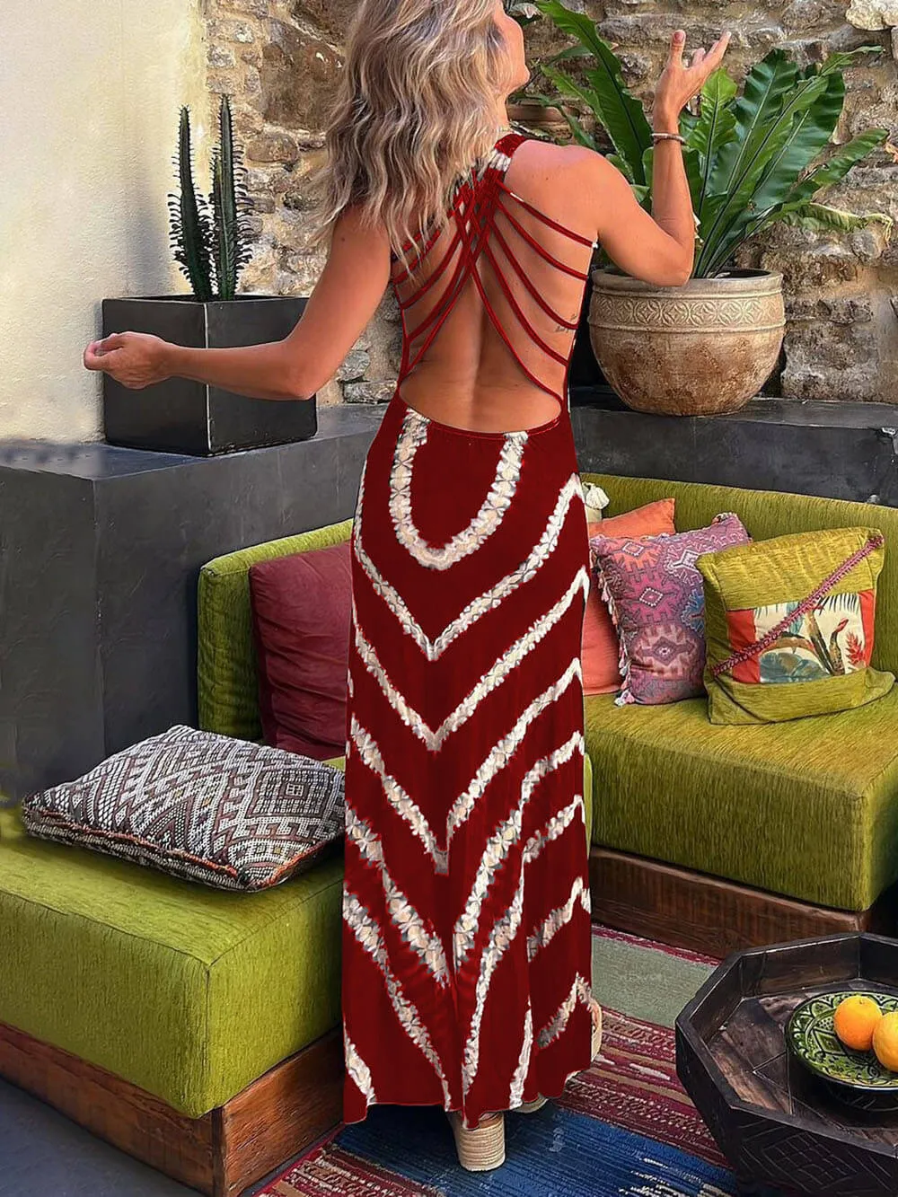 Wave Print Tie Back Stretch Maxi Dress sold by Like My Choice product image thumbnail 4