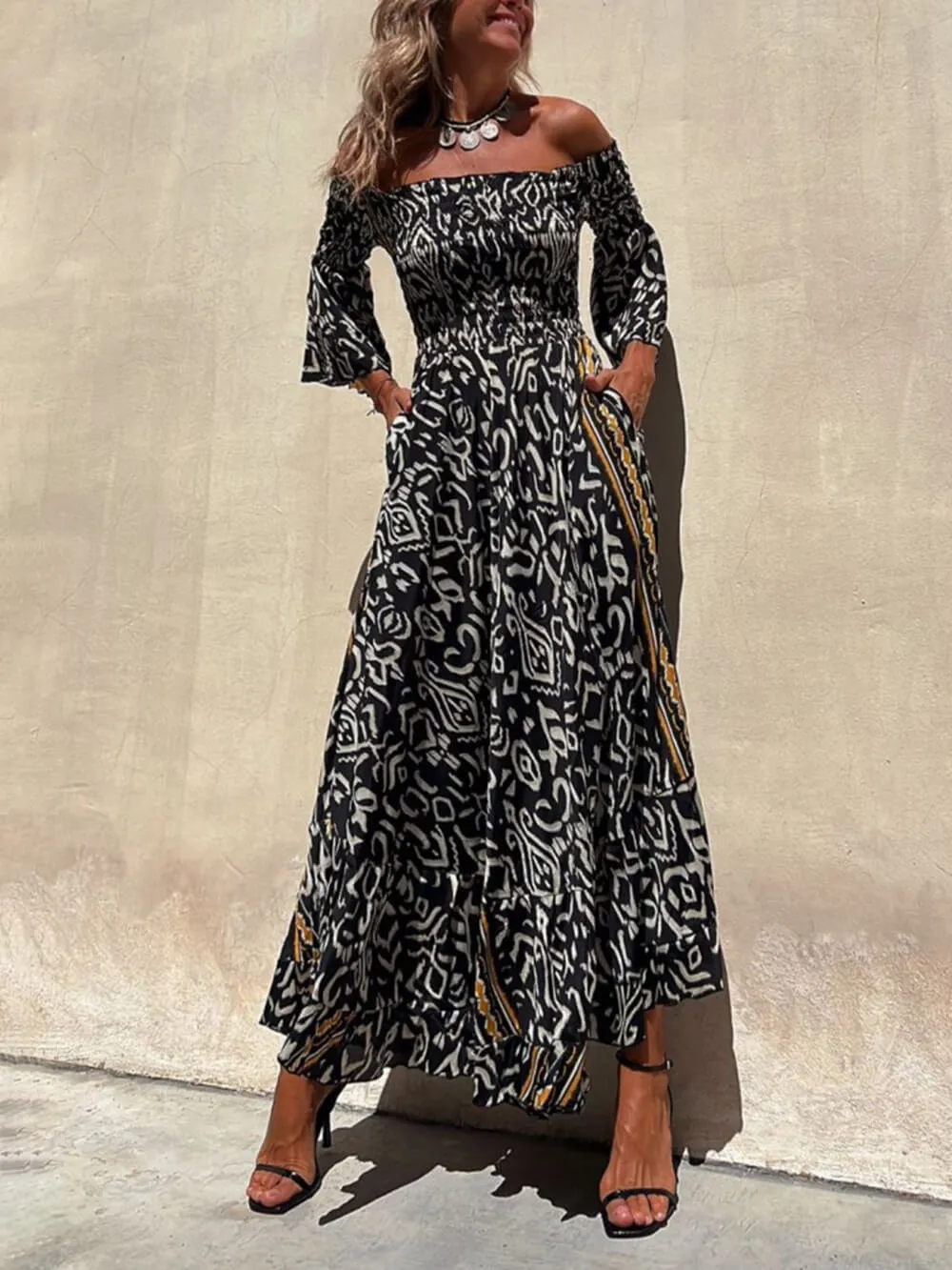 Off-The-Shoulder Smocked Stretch Black Printed Maxi Dress sold by Like My Choice product image thumbnail 3