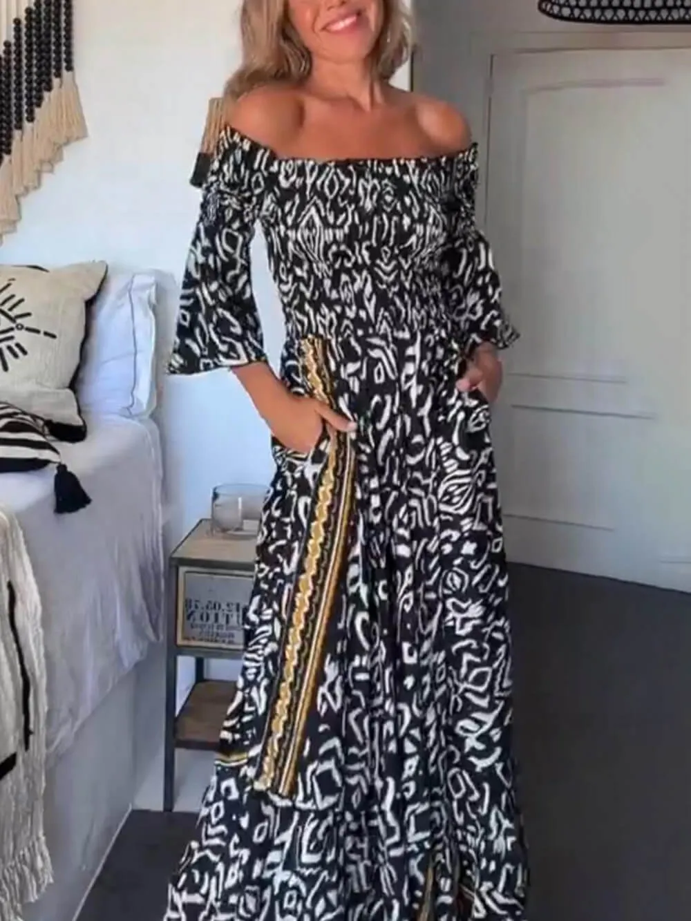 Off-The-Shoulder Smocked Stretch Black Printed Maxi Dress sold by Like My Choice product image thumbnail 2