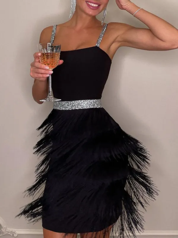 Date And Dinner Socialite Style Suspender Fringe Mini Dress sold by Like My Choice