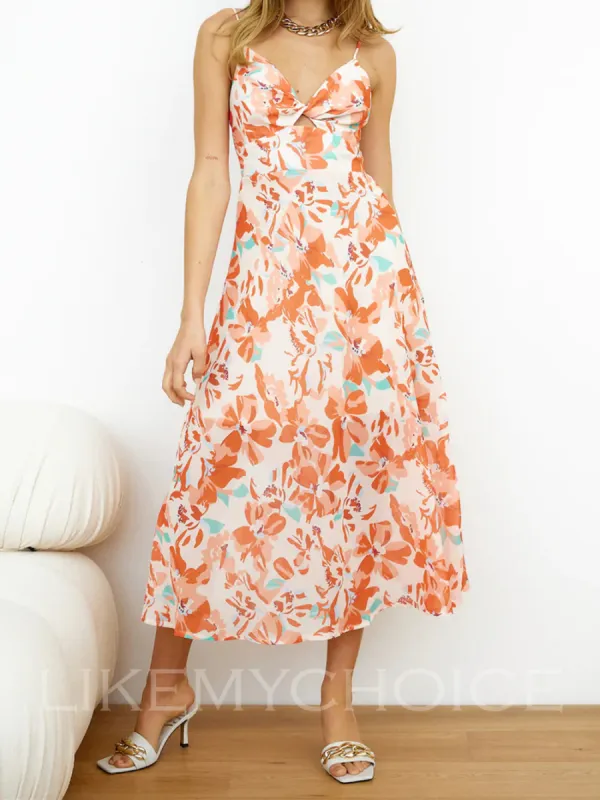 V-Neck Twisted Backless Cami Flowy Vacation Midi Dress sold by Like My Choice