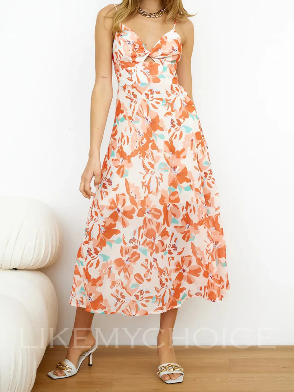 V-Neck Twisted Backless Cami Flowy Vacation Midi Dress sold by Like My Choice