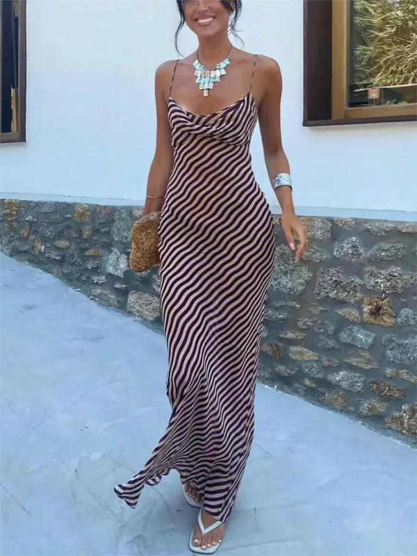 Striped Sexy Slim-Fitting Strappy Chest-Length Floor-Length Dress sold by Like My Choice