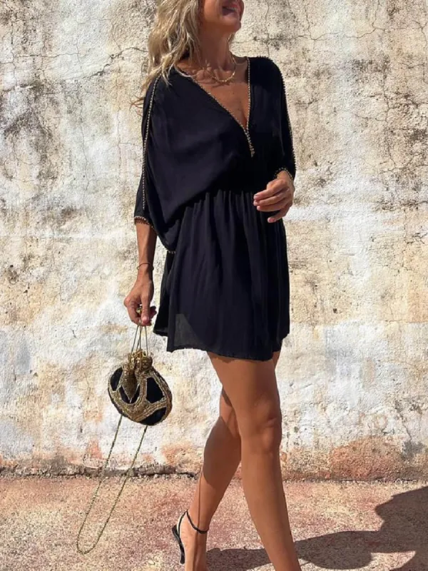 Features Gold-Trimmed V-Neck Bat-Sleeve Mini Dress sold by Like My Choice