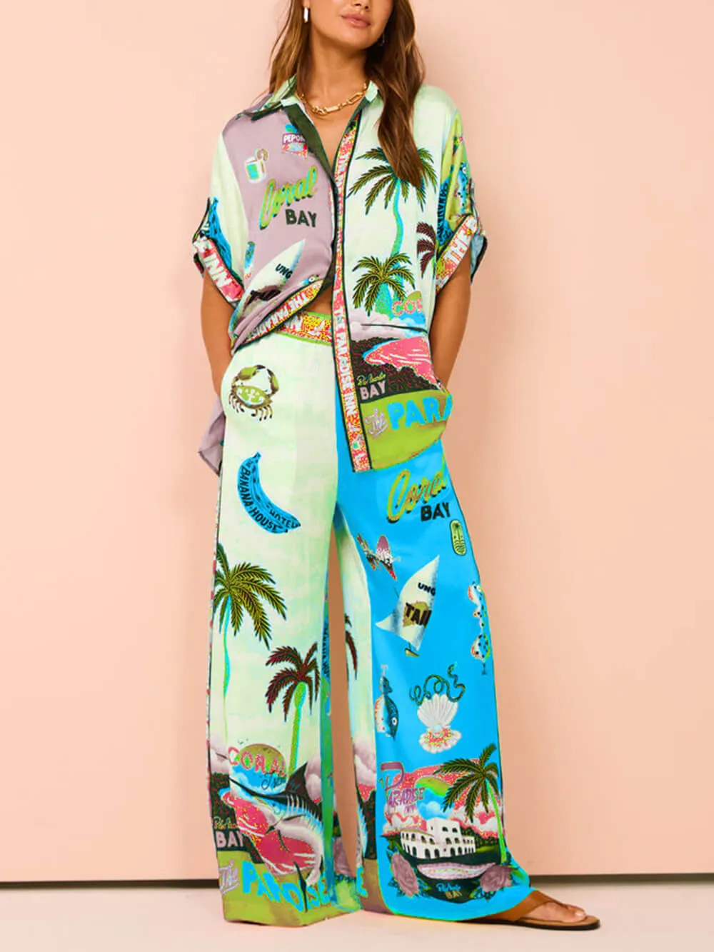 Summer Sunshine Beach Coconut Tree Print Pocket Wide Leg Pants sold by Like My Choice product image thumbnail 4