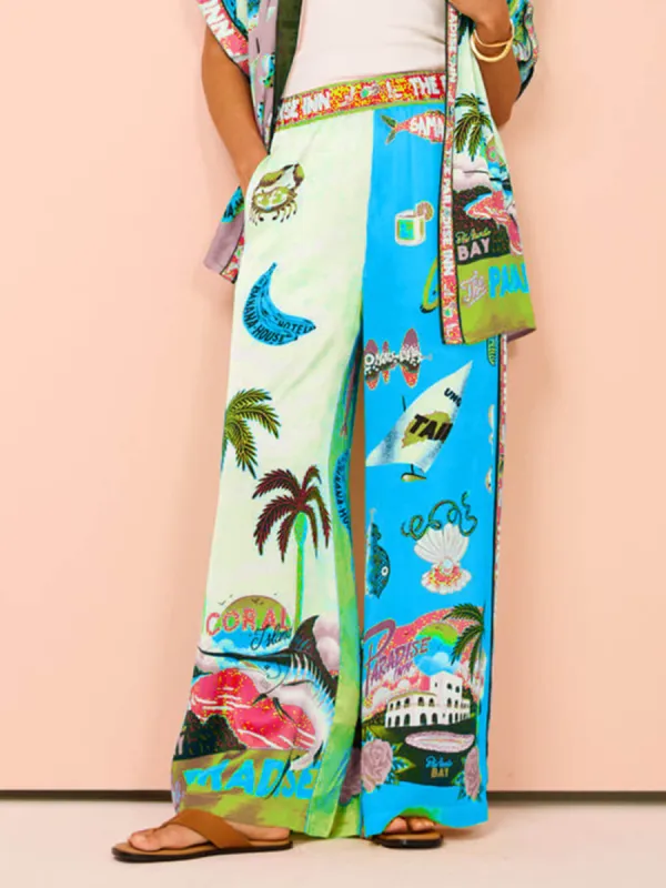 Summer Sunshine Beach Coconut Tree Print Pocket Wide Leg Pants sold by Like My Choice