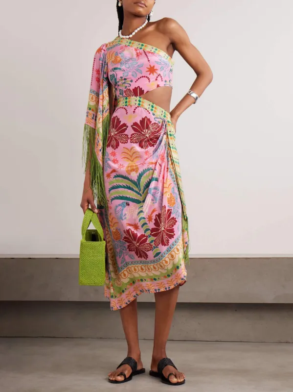 Fine Satin Art Palm Tree Floral Print Fringed Midi Dress sold by Like My Choice
