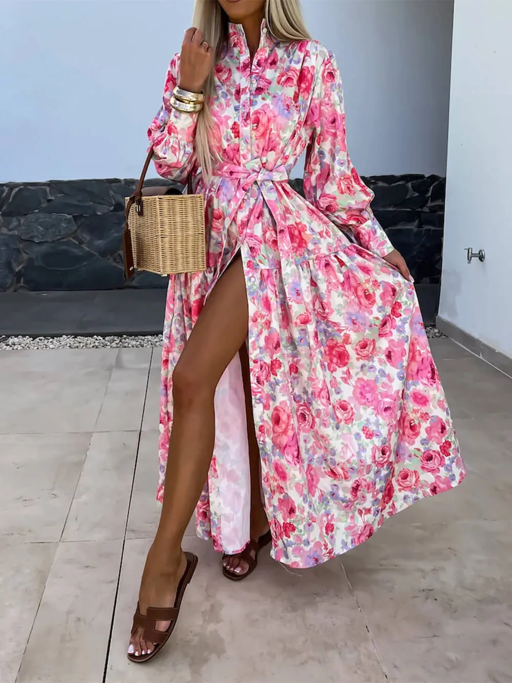 Charming Printed Shirt Buttons Plain Gold Floral Maxi Dress sold by Like My Choice product image thumbnail 3