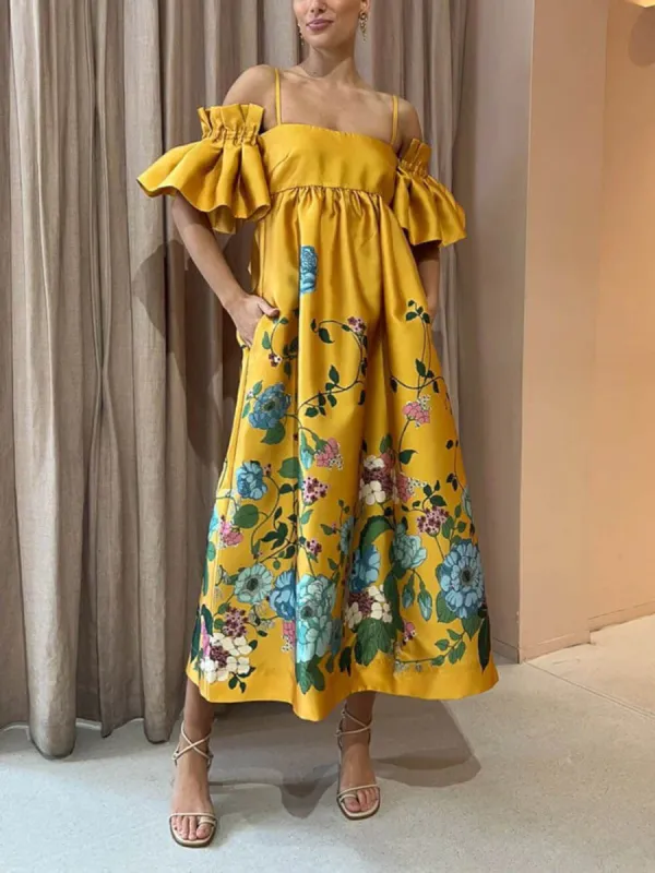 Marigold Printed Gathered Sleeve Pocketed A-Line Midi Dress sold by Like My Choice