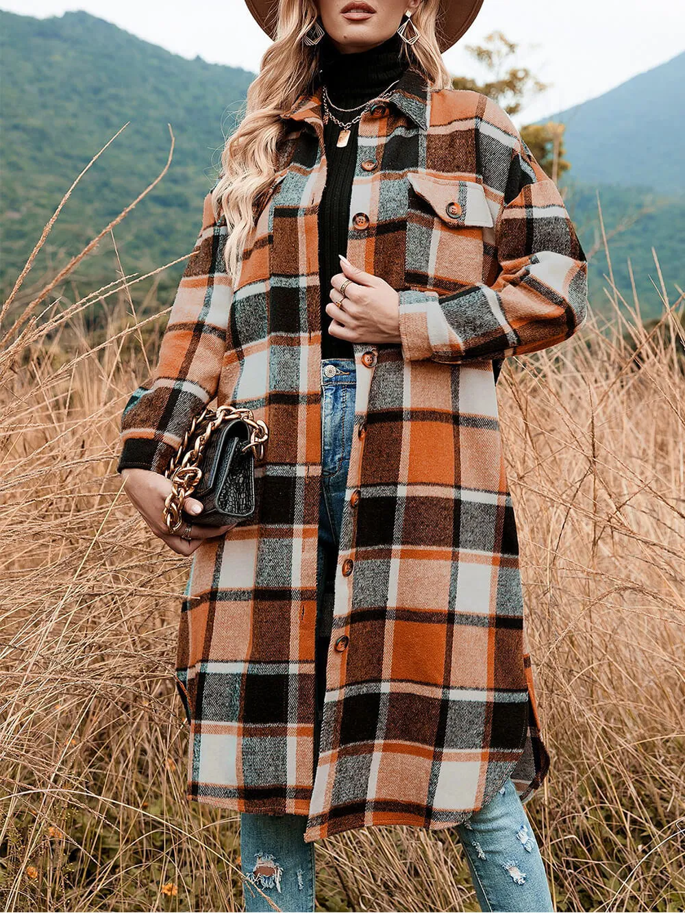 Lapel Collar Loose Woolen Plaid Coat sold by Like My Choice