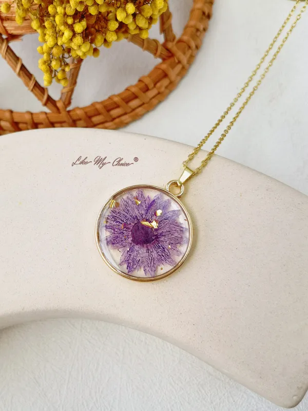 Purple Daisy Resin Round Crystal Pendant Necklace sold by Like My Choice