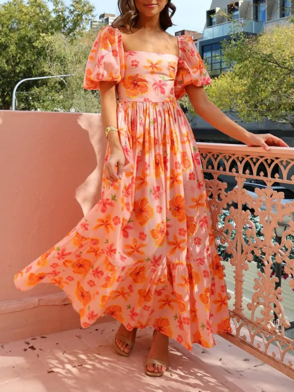 Floral Print Puff Sleeve Back Smocked Pocket Maxi Dress sold by Like My Choice