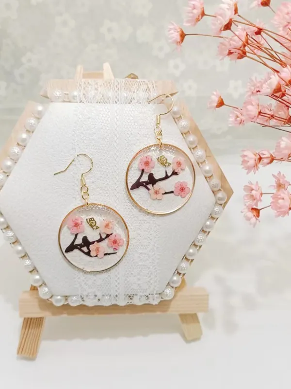 Dried Plum Blossom Epoxy Gold Butterfly Earrings sold by Like My Choice