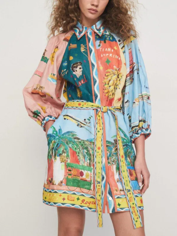 Unique Satin Art Floral Print Tie Pocket Shirt Mini Dress sold by Like My Choice