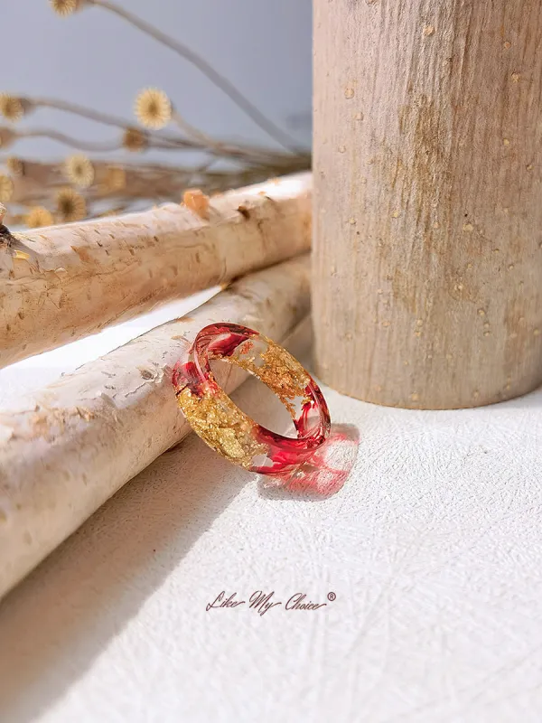 Handmade Dried Flower Gold Foil Colorful Resin Ring sold by Like My Choice