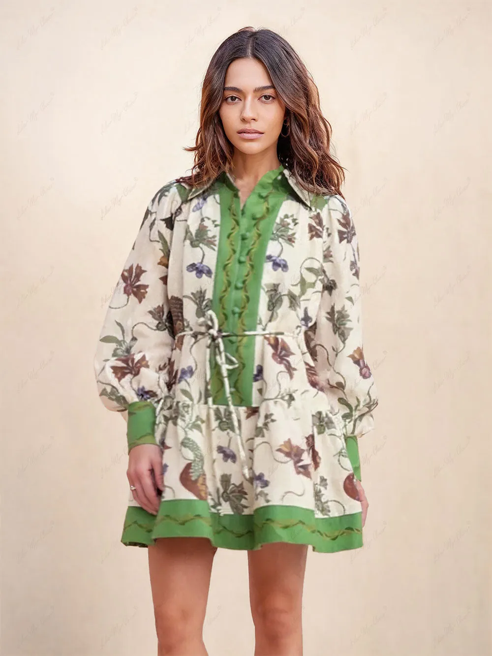 Unique Print Color Match Balloon Sleeve Shirt Mini Dress sold by Like My Choice