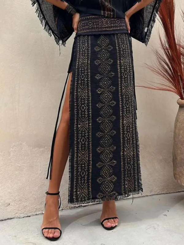Ethnic Print Patchwork Side Lace-Up Maxi Skirt sold by Like My Choice