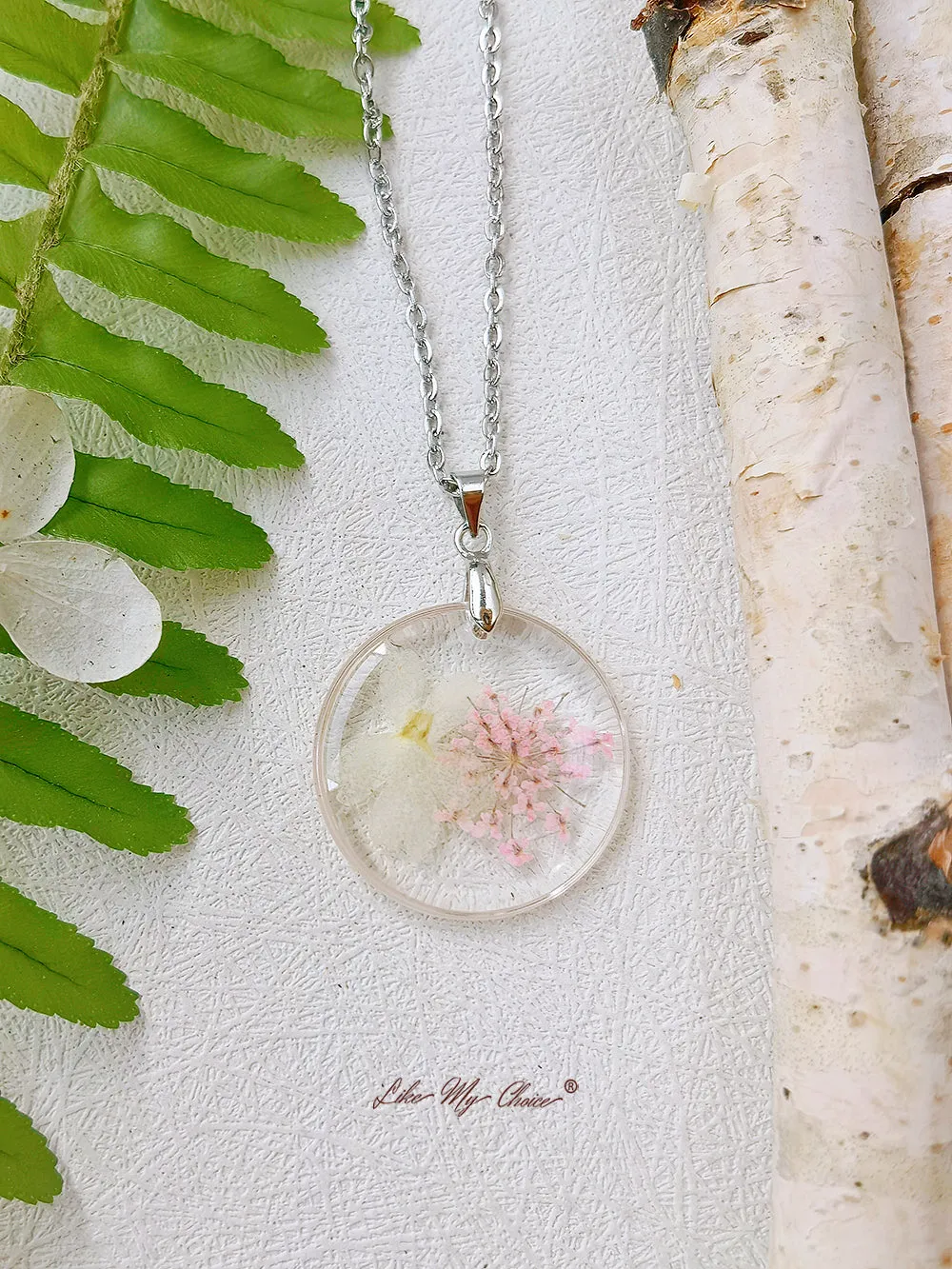 Snow White Galsang Flower Botanical Pendant Circle Necklace sold by Like My Choice