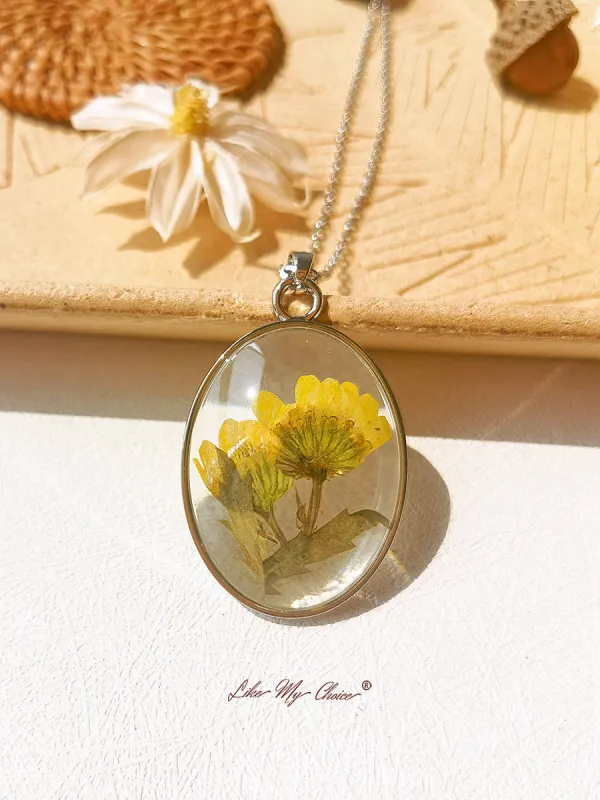 Resin Pendant Necklace With  Yellow Cosmos Dried Flowers sold by Like My Choice