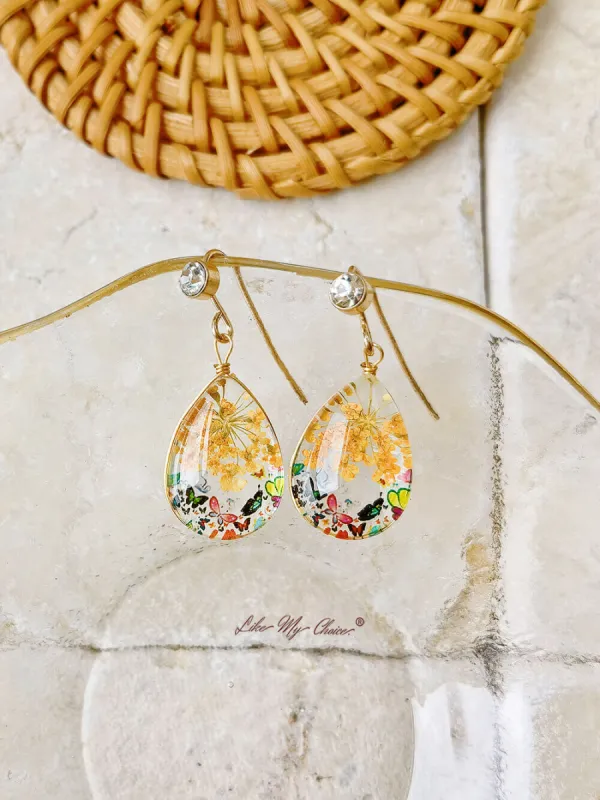 Crystal glass dried flower tear drop earrings sold by Like My Choice