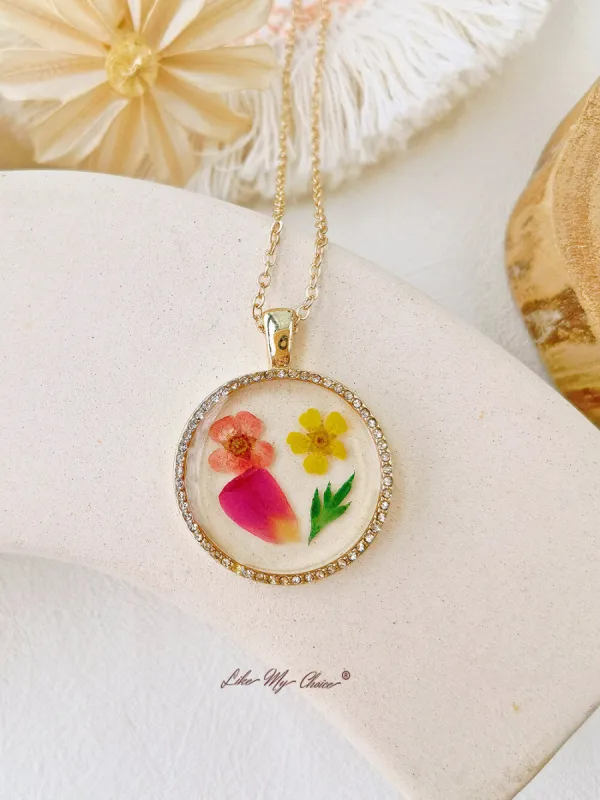 Gemini Forget Me Not Flower Resin Round Crystal Pendant Necklace sold by Like My Choice