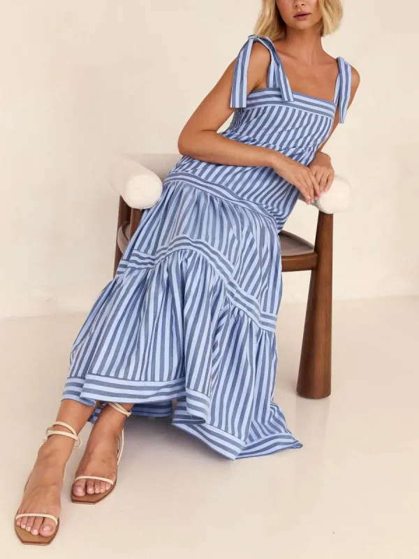 Lace-Up Striped Square-Neck Midi Dress sold by Like My Choice