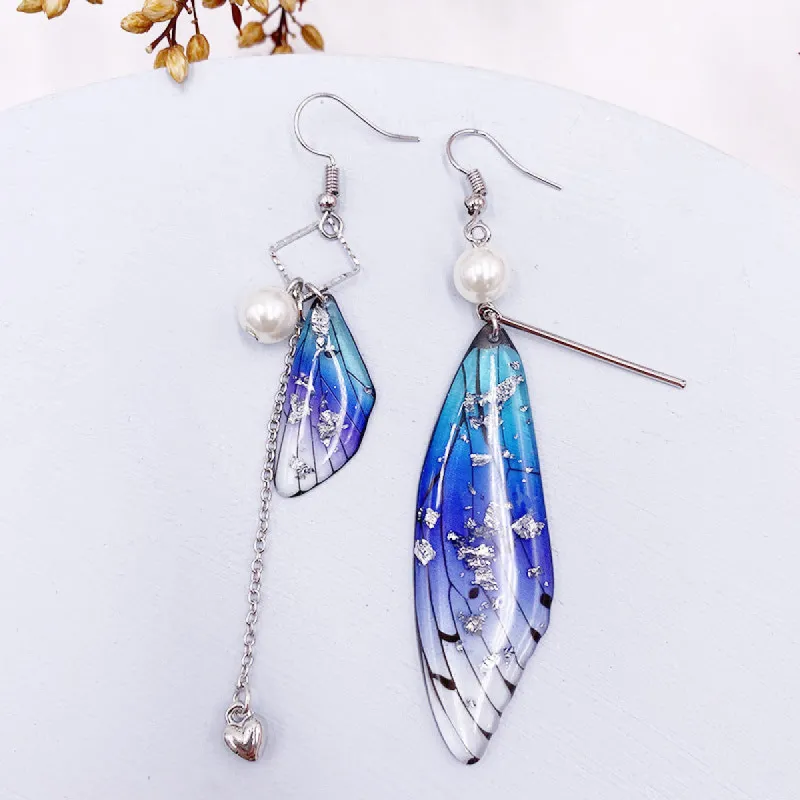 Butterfly Wing Blue Gold Foil Cicada Wing Tassel Earrings sold by Like My Choice