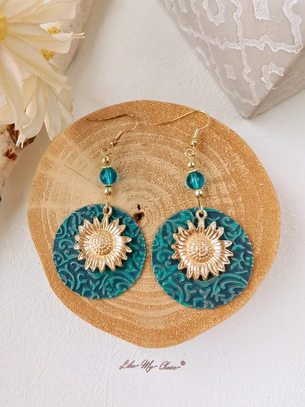 Bohemian Sunflower Embossed Double Layer Earrings sold by Like My Choice