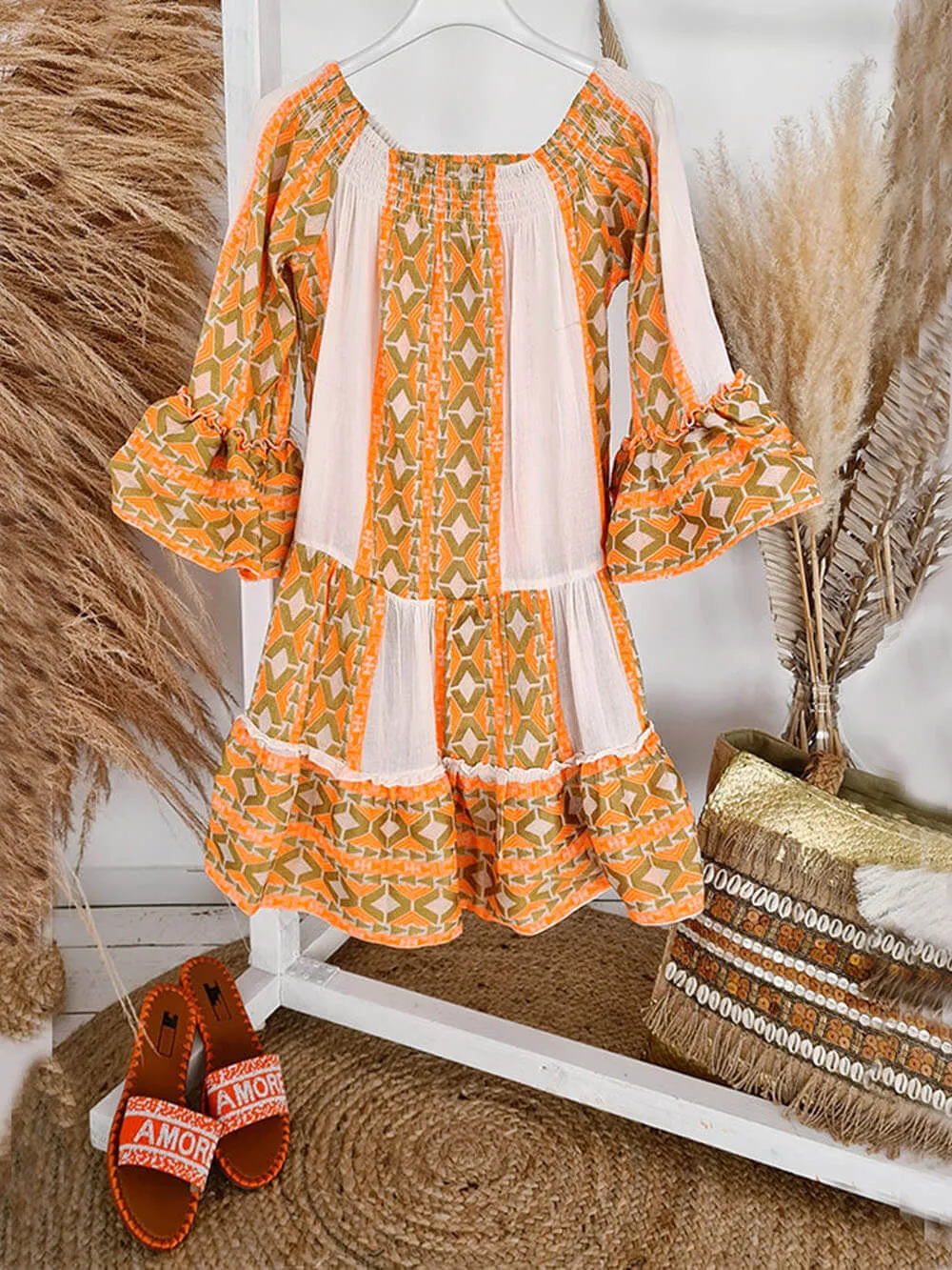 Linen Blend Ethnic Print Off Shoulder Loose Mini Dress sold by Like My Choice product image thumbnail 5