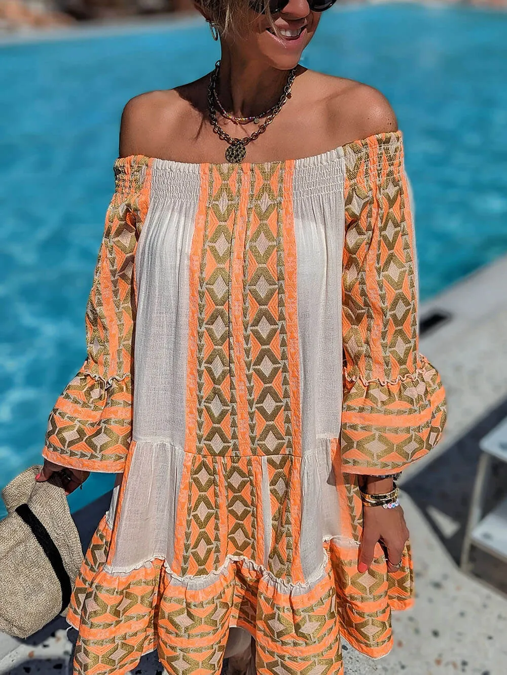 Linen Blend Ethnic Print Off Shoulder Loose Mini Dress sold by Like My Choice product image thumbnail 3