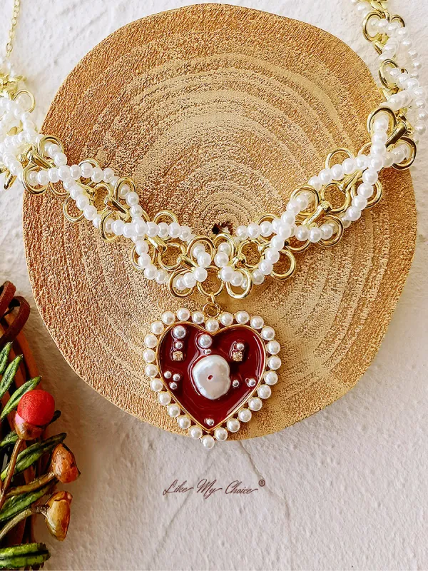 Braided Pearl Enamel Red Heart Necklace sold by Like My Choice
