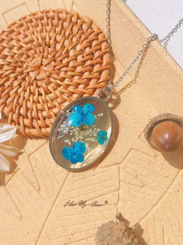 Resin Pendant Necklace With  Blue Hydrangea Dried Flowers sold by Like My Choice