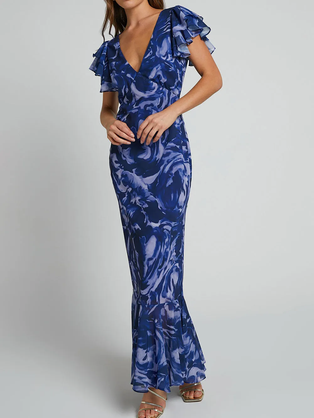 V Neck Flutter Sleeve Maxi Dress In Navy Swirl sold by Like My Choice product image thumbnail 3