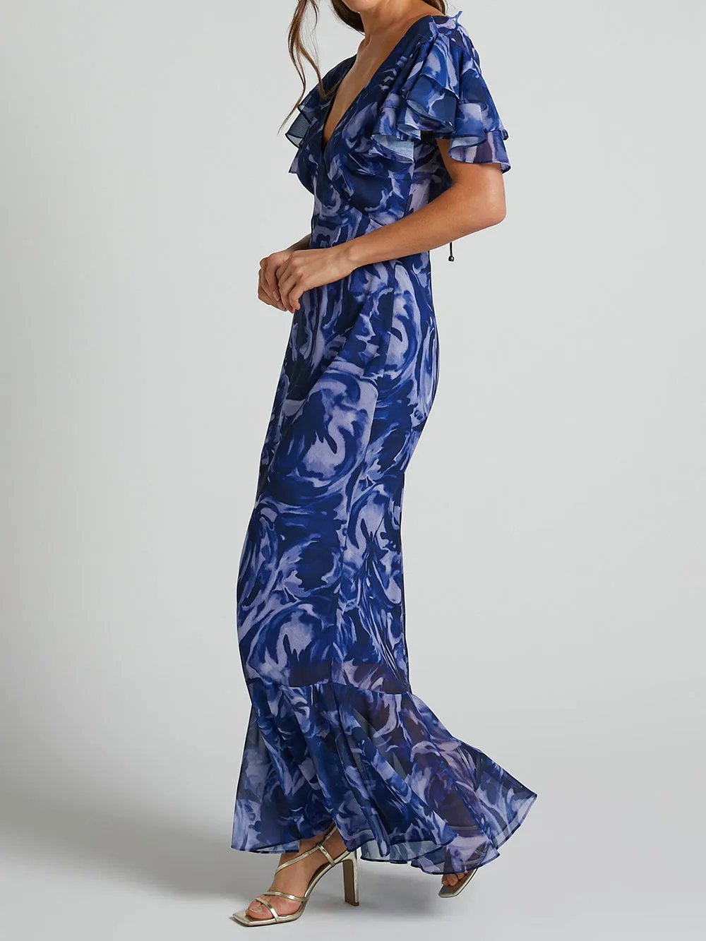 V Neck Flutter Sleeve Maxi Dress In Navy Swirl sold by Like My Choice product image thumbnail 4