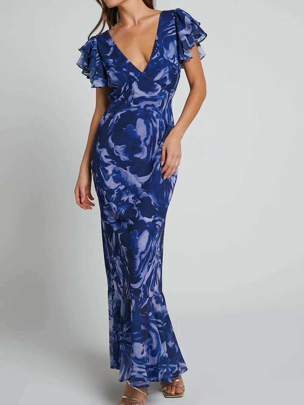V Neck Flutter Sleeve Maxi Dress In Navy Swirl sold by Like My Choice