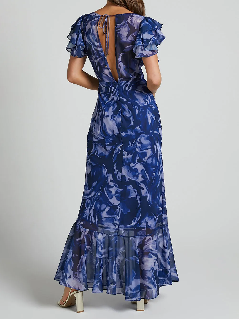 V Neck Flutter Sleeve Maxi Dress In Navy Swirl sold by Like My Choice product image thumbnail 2