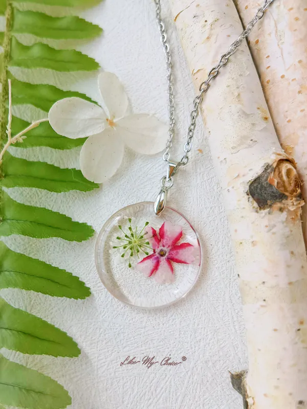 Queen Anne Lace Pink Mallows Flower Botanical Pendant Circle Necklace sold by Like My Choice
