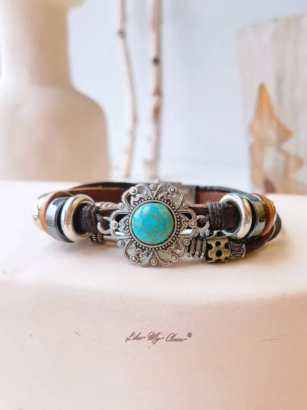 Bohemian Ethnic Turquoise Bracelet  Leather Chain and Totem Element sold by Like My Choice