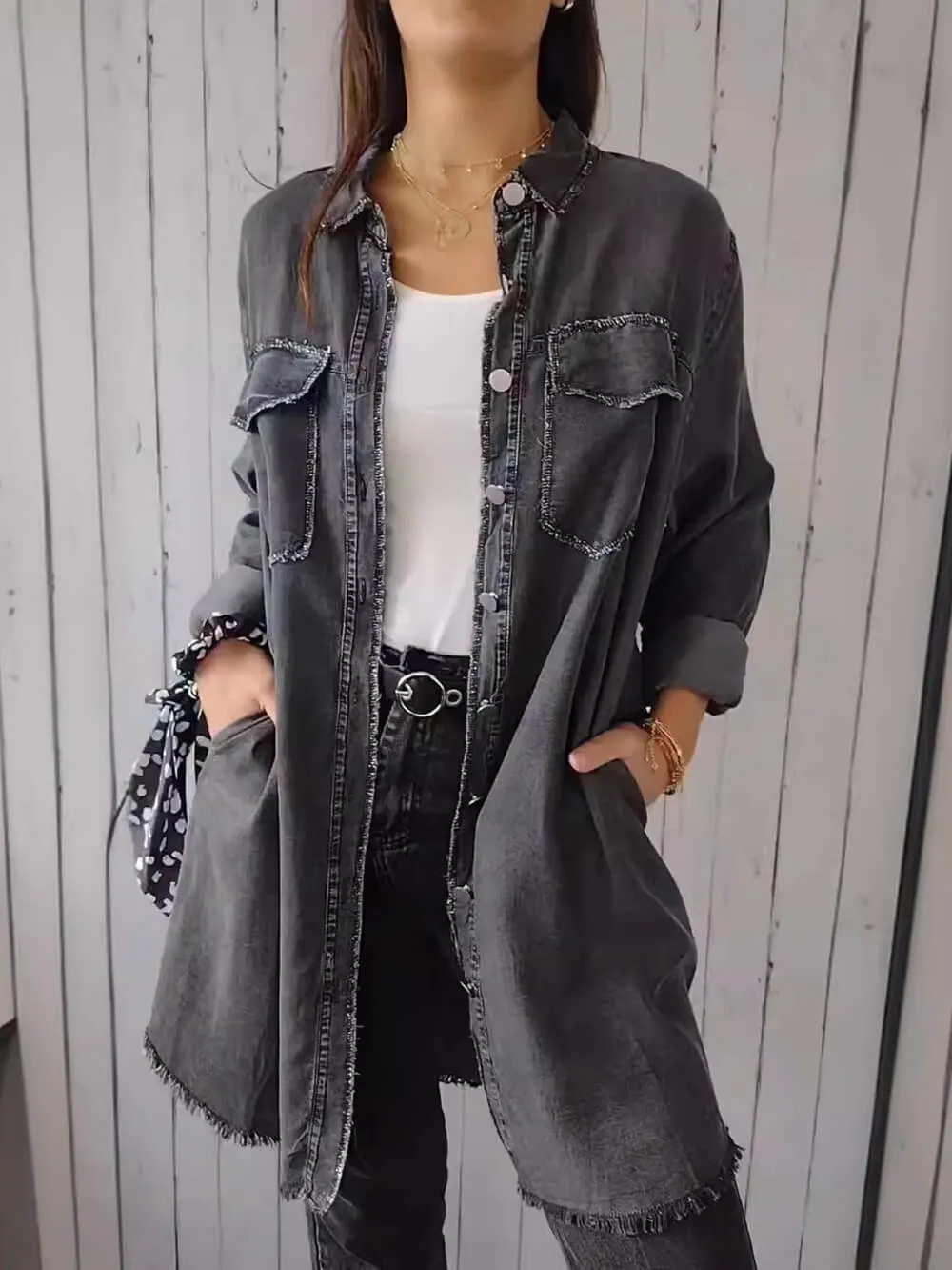Fashionable Versatile Long-sleeved Lapel Denim Jacket sold by Like My Choice