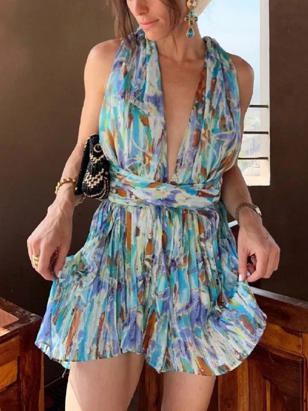 Pleated Halterneck Deep V-Neck A-Line Mini Dress sold by Like My Choice