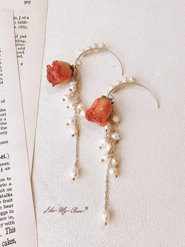 Pressed Flower Earrings - Pearl Dried Rose Flower sold by Like My Choice